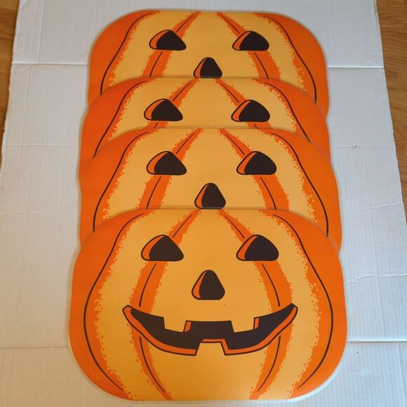 Vintage B of A 4 Reversible Placemats Jack O Lantern Pumpkins Scarecrow Set 4 - Picture 2 of 7